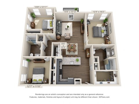 The Vanworth 3D. 3 bedroom apartment. Kitchen with bartop open to living/dinning room. 2 full bathrooms, double vanity & shower stall in master. Walk-in closets. Patio.